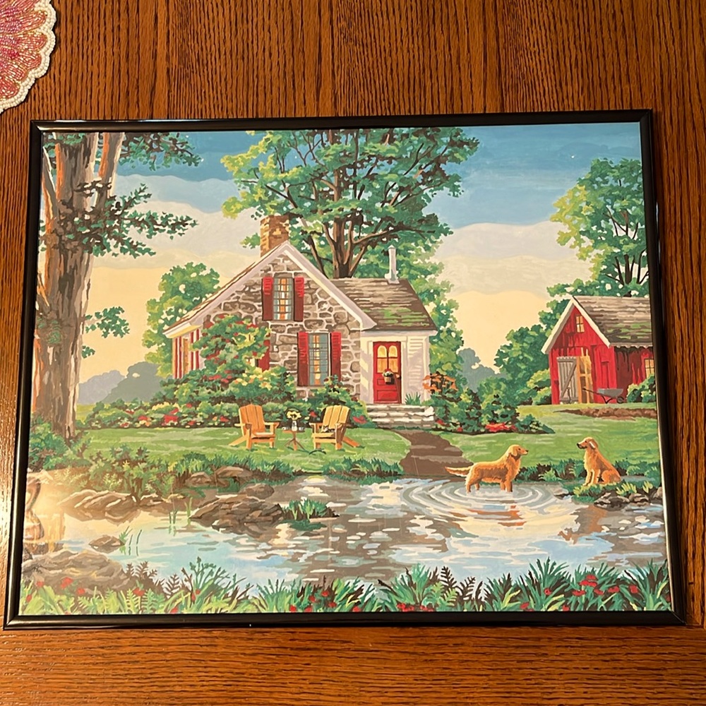 Completed Paint by Number, Country House Painting with Dogs